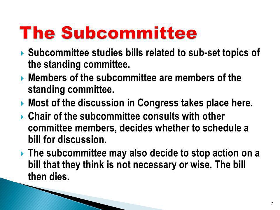 Subcommittee studies bills related to sub-set topics of the standing committee.