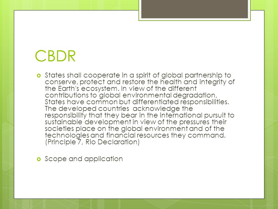 CBDR States shall cooperate in a spirit of global partnership to conserve, protect and restore the health and integrity of the Earth s ecosystem.