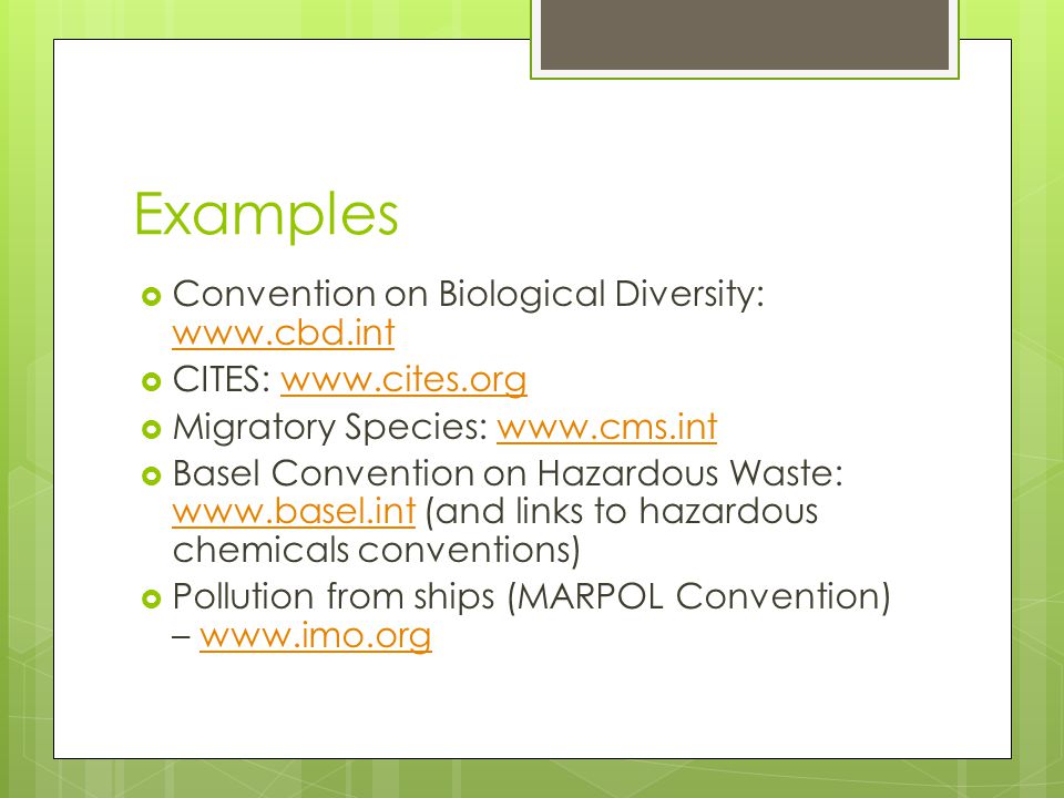 Examples Convention on Biological Diversity:     CITES:   Migratory Species:   Basel Convention on Hazardous Waste:   (and links to hazardous chemicals conventions)   Pollution from ships (MARPOL Convention) –