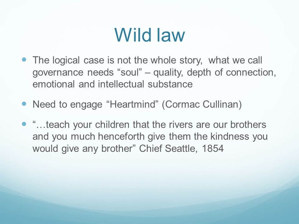 Wild law The logical case is not the whole story, what we call governance needs soul – quality, depth of connection, emotional and intellectual substance Need to engage Heartmind (Cormac Cullinan) …teach your children that the rivers are our brothers and you much henceforth give them the kindness you would give any brother Chief Seattle, 1854