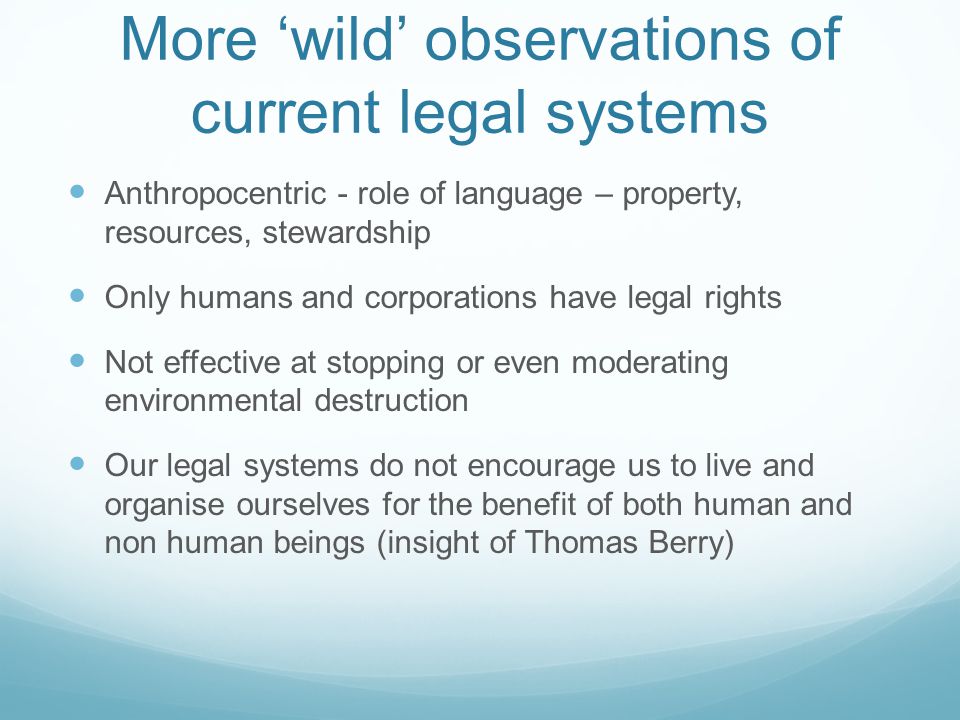 More wild observations of current legal systems Anthropocentric - role of language – property, resources, stewardship Only humans and corporations have legal rights Not effective at stopping or even moderating environmental destruction Our legal systems do not encourage us to live and organise ourselves for the benefit of both human and non human beings (insight of Thomas Berry)