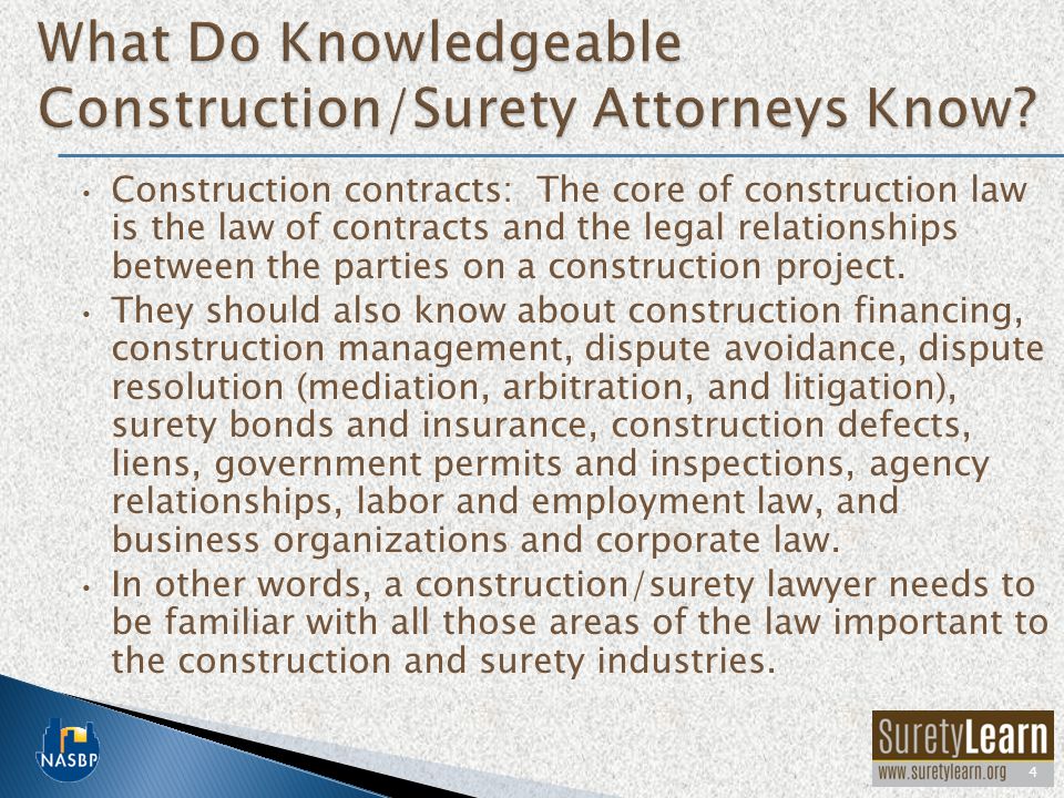 Construction contracts: The core of construction law is the law of contracts and the legal relationships between the parties on a construction project.
