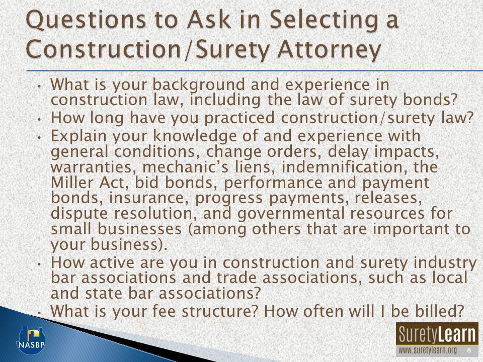 What is your background and experience in construction law, including the law of surety bonds.