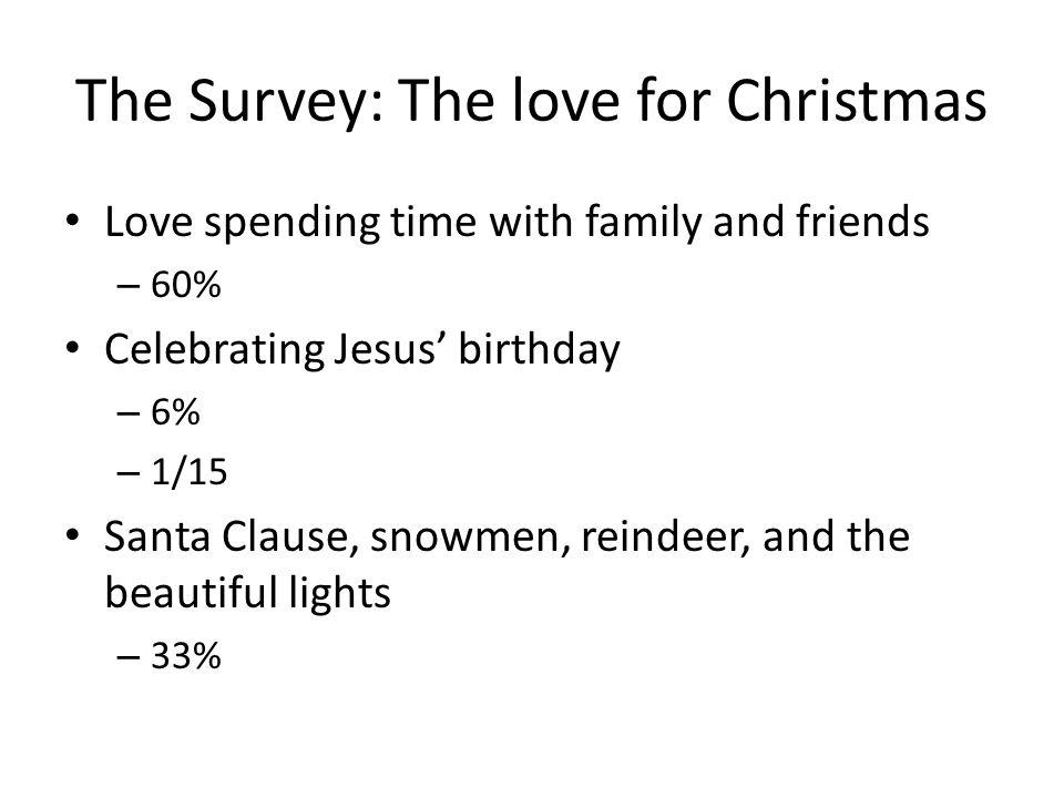 The Survey: The love for Christmas Love spending time with family and friends – 60% Celebrating Jesus birthday – 6% – 1/15 Santa Clause, snowmen, reindeer, and the beautiful lights – 33%