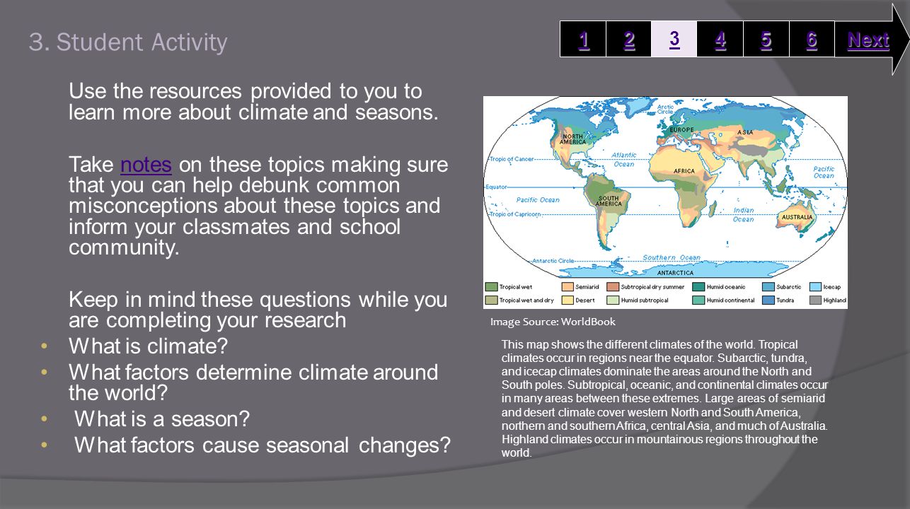 3. Student Activity Use the resources provided to you to learn more about climate and seasons.