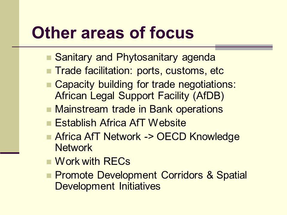 Other areas of focus Sanitary and Phytosanitary agenda Trade facilitation: ports, customs, etc Capacity building for trade negotiations: African Legal Support Facility (AfDB) Mainstream trade in Bank operations Establish Africa AfT Website Africa AfT Network -> OECD Knowledge Network Work with RECs Promote Development Corridors & Spatial Development Initiatives