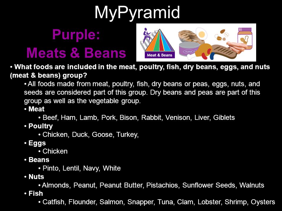 MyPyramid Purple: Meats & Beans What foods are included in the meat, poultry, fish, dry beans, eggs, and nuts (meat & beans) group.