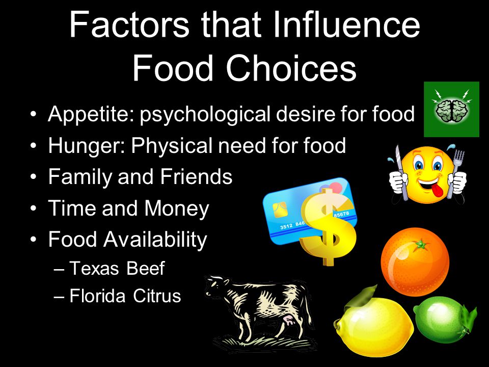 Factors that Influence Food Choices Appetite: psychological desire for food Hunger: Physical need for food Family and Friends Time and Money Food Availability –Texas Beef –Florida Citrus