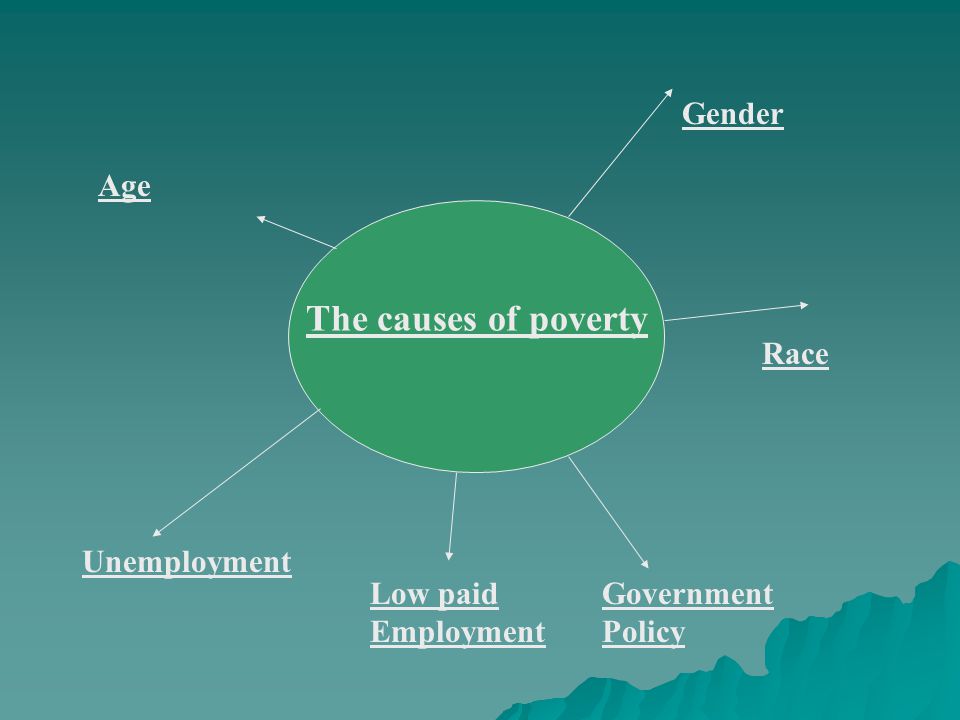 The causes of poverty Unemployment Government Policy Gender Race Age Low paid Employment