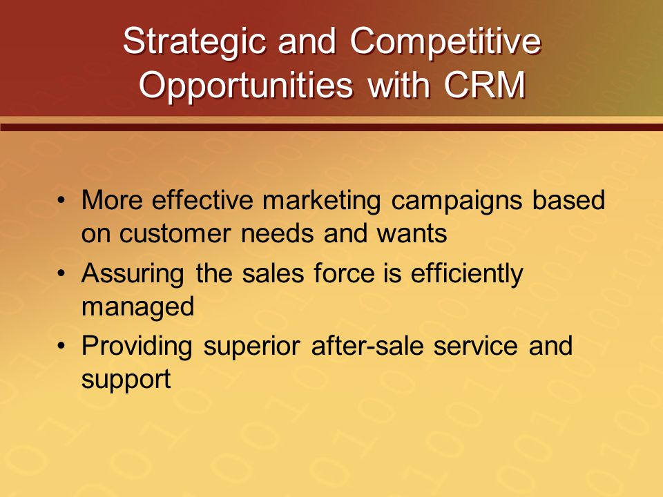 Strategic and Competitive Opportunities with CRM More effective marketing campaigns based on customer needs and wants Assuring the sales force is efficiently managed Providing superior after-sale service and support