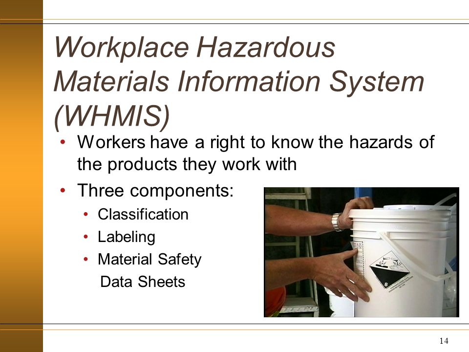 Workplace Hazardous Materials Information System (WHMIS) Workers have a right to know the hazards of the products they work with Three components: Classification Labeling Material Safety Data Sheets 14