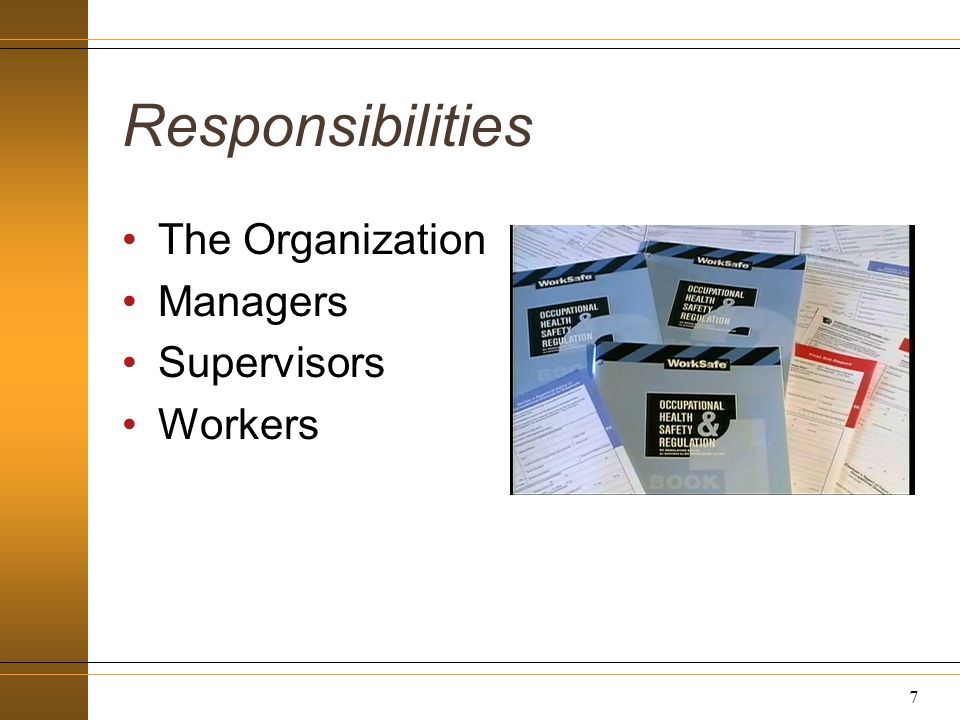 Responsibilities The Organization Managers Supervisors Workers 7