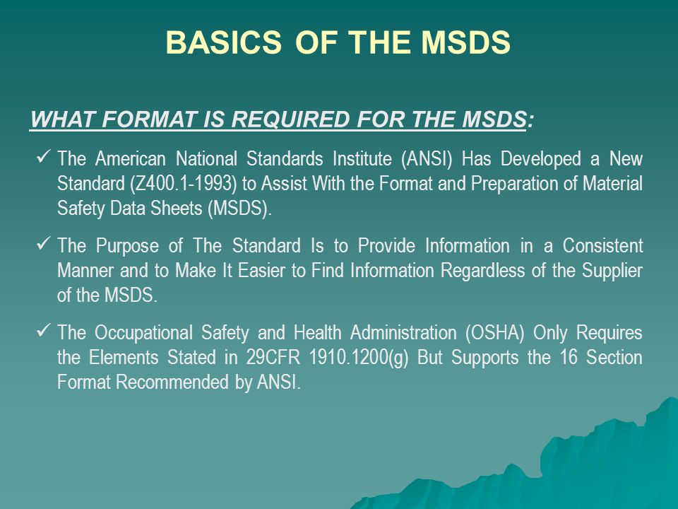 Every Material That Has a Possible Health Hazard, Whether Short Term Or Long Term to Any Employee Must Have an Accompanying MSDS That Is Specific to Each Individual Product or Material.