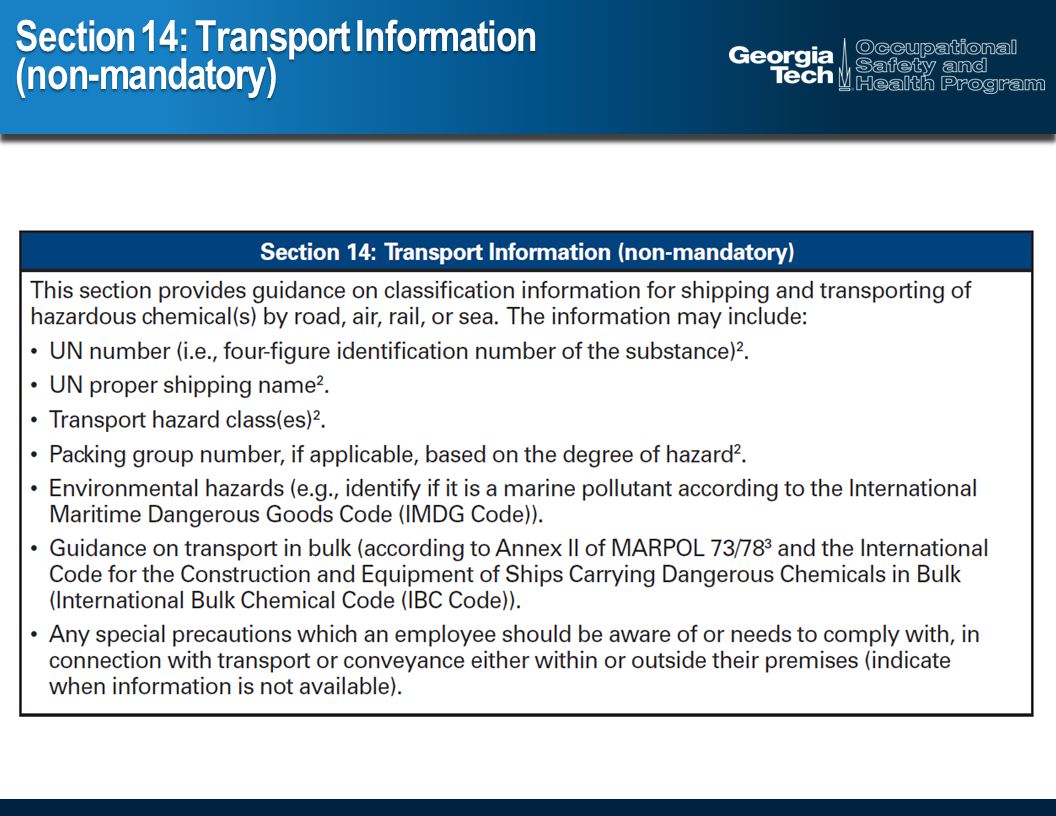 Section 14: Transport Information (non-mandatory)