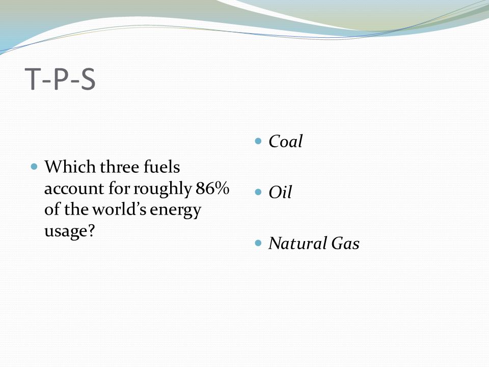 T-P-S Which three fuels account for roughly 86% of the world’s energy usage Coal Oil Natural Gas