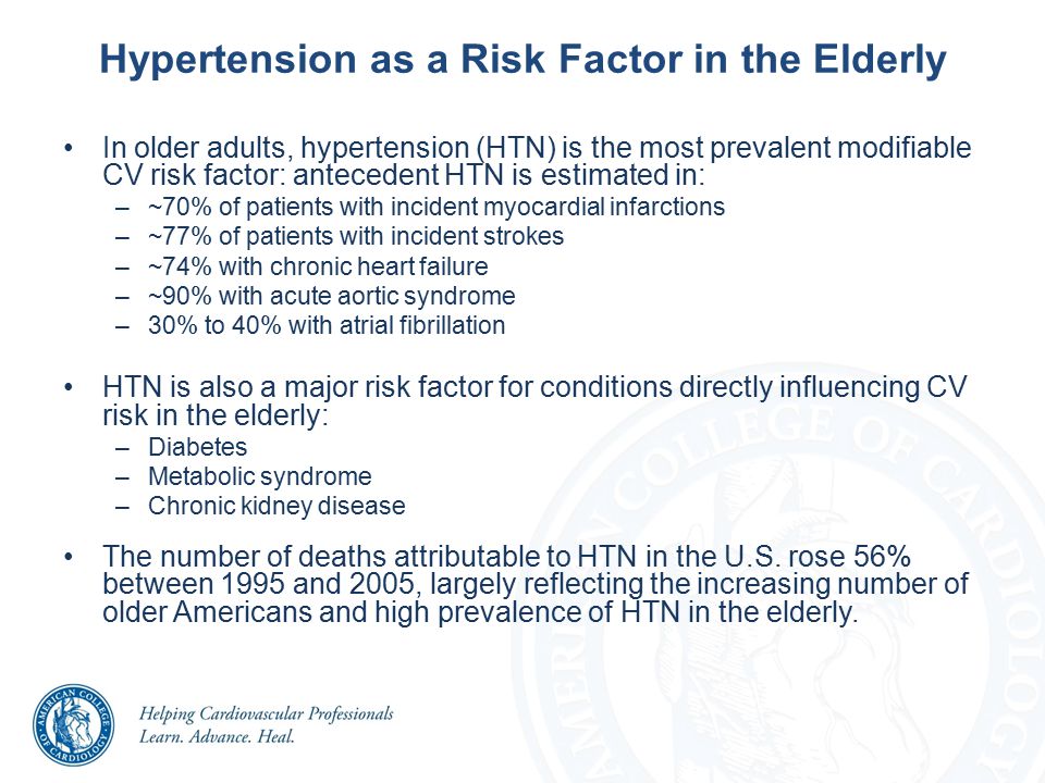 Hypertension as a Risk Factor in the Elderly In older adults, hypertension (HTN) is the most prevalent modifiable CV risk factor: antecedent HTN is estimated in: –~70% of patients with incident myocardial infarctions –~77% of patients with incident strokes –~74% with chronic heart failure –~90% with acute aortic syndrome –30% to 40% with atrial fibrillation HTN is also a major risk factor for conditions directly influencing CV risk in the elderly: –Diabetes –Metabolic syndrome –Chronic kidney disease The number of deaths attributable to HTN in the U.S.
