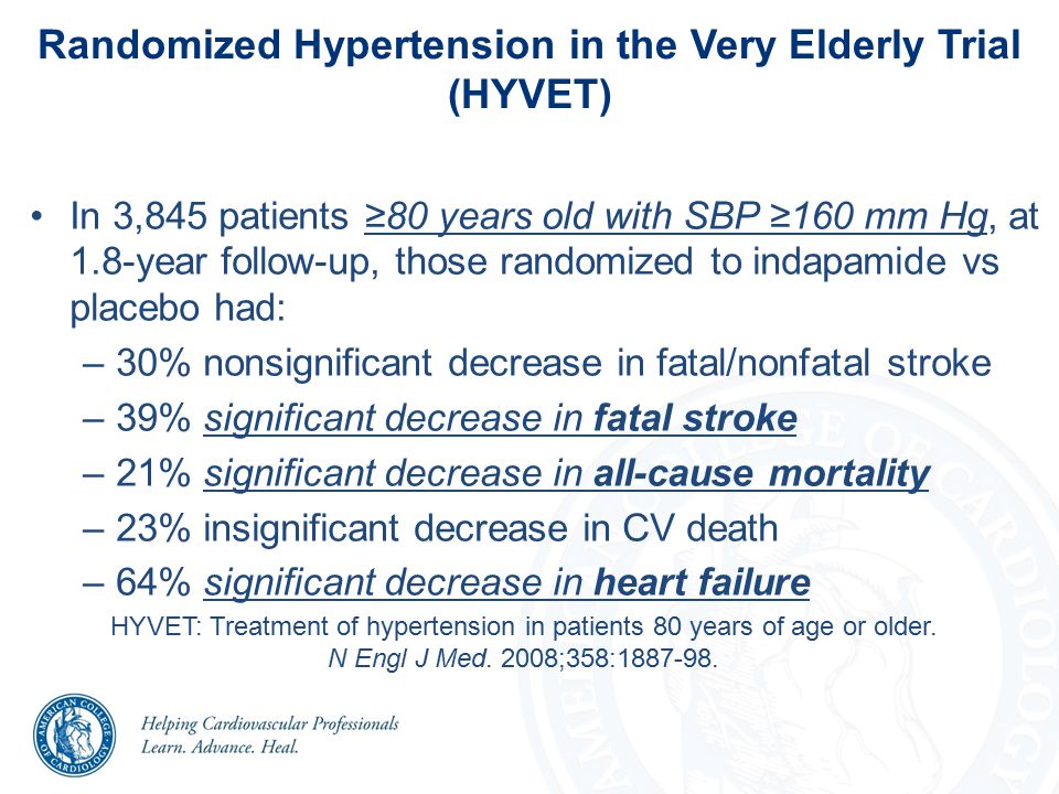 Randomized Hypertension in the Very Elderly Trial (HYVET) In 3,845 patients ≥80 years old with SBP ≥160 mm Hg, at 1.8-year follow-up, those randomized to indapamide vs placebo had: –30% nonsignificant decrease in fatal/nonfatal stroke –39% significant decrease in fatal stroke –21% significant decrease in all-cause mortality –23% insignificant decrease in CV death –64% significant decrease in heart failure HYVET: Treatment of hypertension in patients 80 years of age or older.