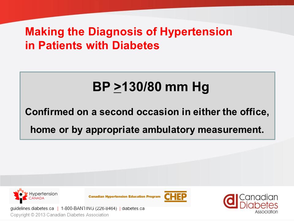guidelines.diabetes.ca | BANTING ( ) | diabetes.ca Copyright © 2013 Canadian Diabetes Association BP >130/80 mm Hg Confirmed on a second occasion in either the office, home or by appropriate ambulatory measurement.