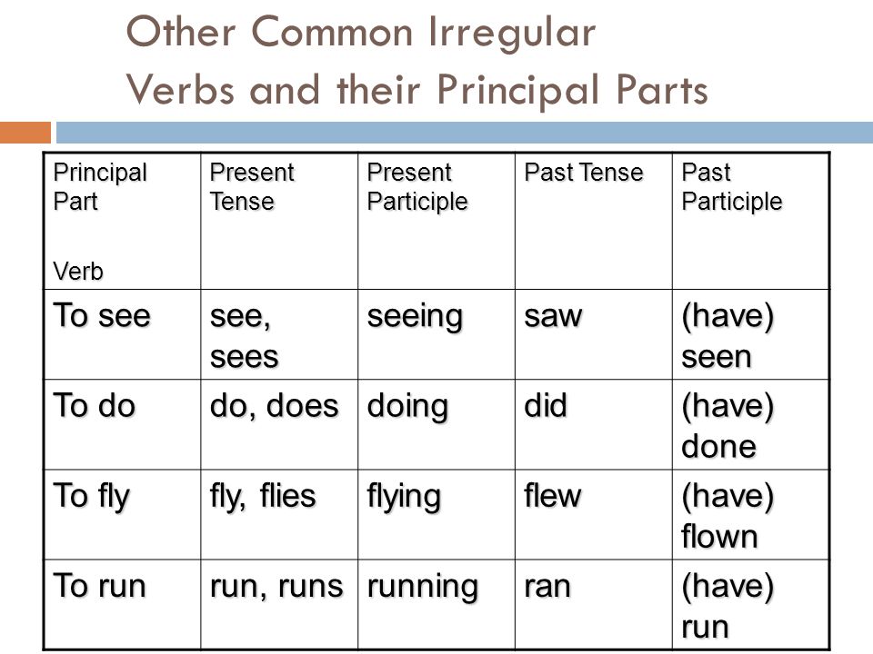 Other Common Irregular Verbs and their Principal Parts Principal Part Verb Present Tense Present Participle Past Tense Past Participle To see see, sees seeingsaw (have) seen To do do, does doingdid (have) done To fly fly, flies flyingflew (have) flown To run run, runs runningran (have) run