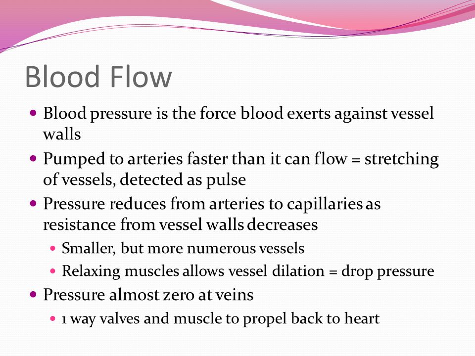 Blood Flow Blood pressure is the force blood exerts against vessel walls Pumped to arteries faster than it can flow = stretching of vessels, detected as pulse Pressure reduces from arteries to capillaries as resistance from vessel walls decreases Smaller, but more numerous vessels Relaxing muscles allows vessel dilation = drop pressure Pressure almost zero at veins 1 way valves and muscle to propel back to heart