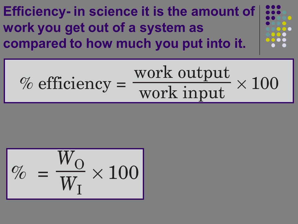Efficiency- in science it is the amount of work you get out of a system as compared to how much you put into it.