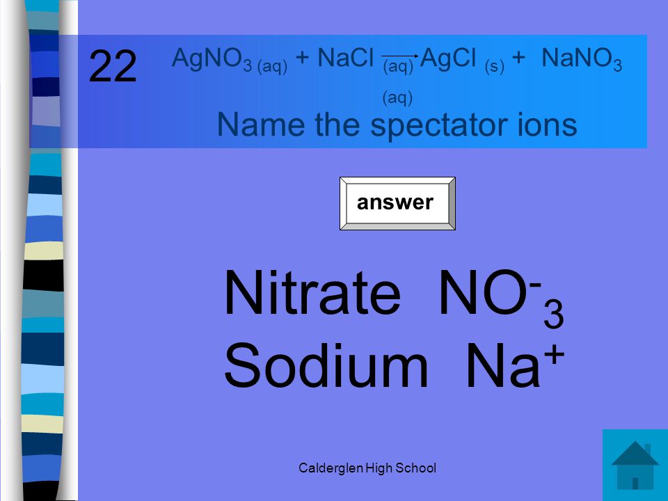 Calderglen High School type AgNO 3 (aq) + NaCl (aq) AgCl (s) + NaNO 3 (aq) Name the type of chemical reaction taking place.