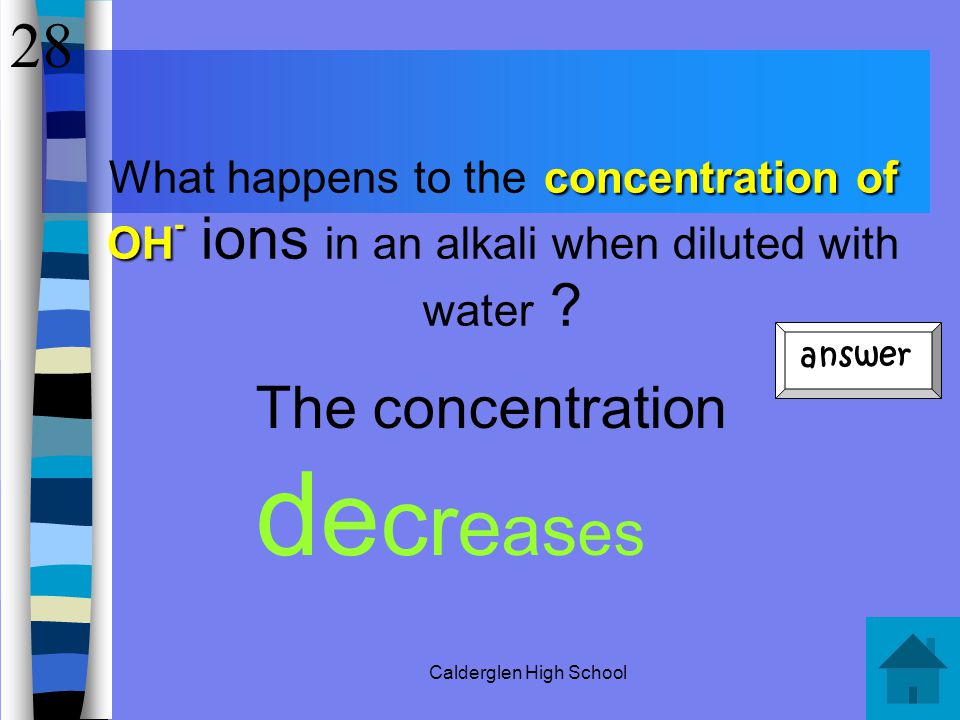 Calderglen High School concentration of H + What happens to the concentration of H + ions in an acid when diluted with water.