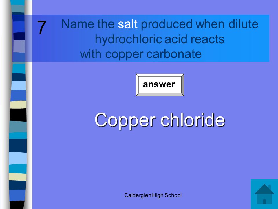 Calderglen High School Name the products in the reaction between a dilute acid and a metal carbonate.
