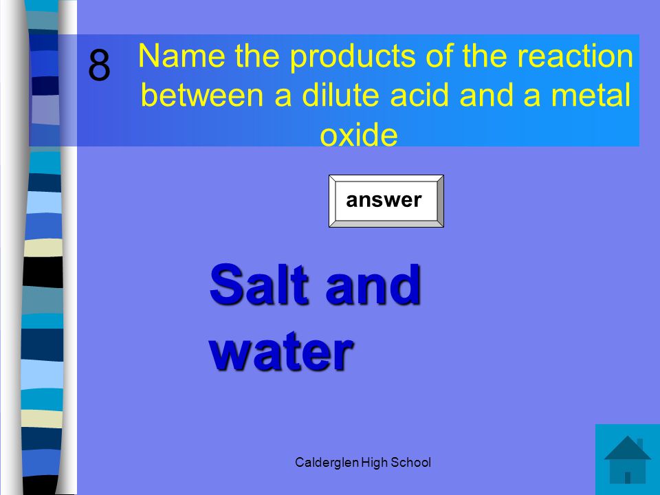 Calderglen High School Name the salt produced when dilute hydrochloric acid reacts with copper carbonate Copper chloride 7 answer