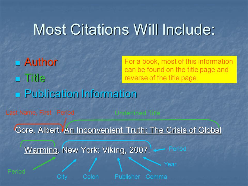 Most Citations Will Include: Author Author Title Title Publication Information Publication Information Gore, Albert.