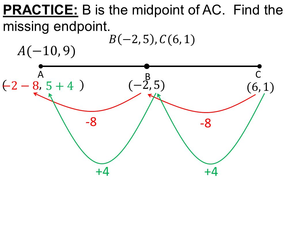 B AC PRACTICE: B is the midpoint of AC. Find the missing endpoint