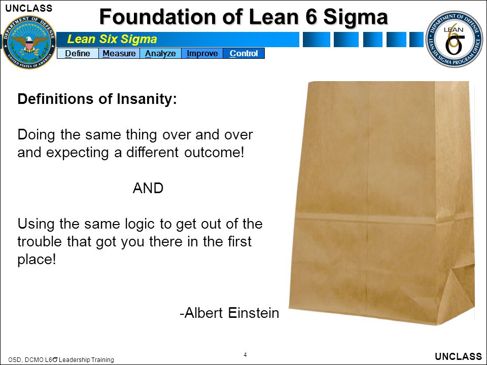 Lean Six Sigma DefineMeasureAnalyzeImproveControl UNCLASS OSD, DCMO L6   Leadership Training UNCLASS 4 Foundation of Lean 6 Sigma Definitions of Insanity: Doing the same thing over and over and expecting a different outcome.
