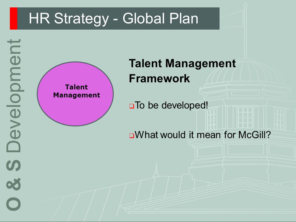 HR Strategy - Global Plan O & S Development Talent Management Talent Management Framework  To be developed.