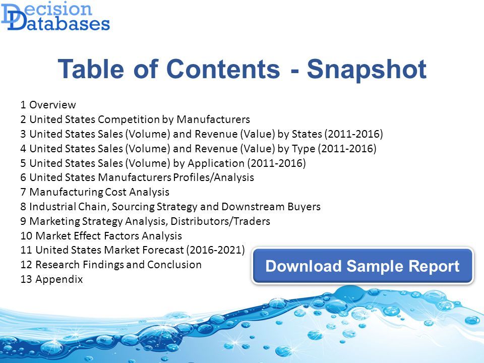 Table of Contents - Snapshot Download Sample Report 1 Overview 2 United States Competition by Manufacturers 3 United States Sales (Volume) and Revenue (Value) by States ( ) 4 United States Sales (Volume) and Revenue (Value) by Type ( ) 5 United States Sales (Volume) by Application ( ) 6 United States Manufacturers Profiles/Analysis 7 Manufacturing Cost Analysis 8 Industrial Chain, Sourcing Strategy and Downstream Buyers 9 Marketing Strategy Analysis, Distributors/Traders 10 Market Effect Factors Analysis 11 United States Market Forecast ( ) 12 Research Findings and Conclusion 13 Appendix