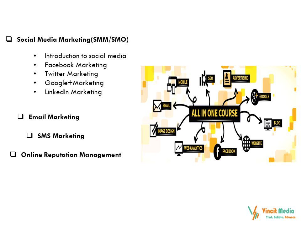 Introduction to social media Facebook Marketing Twitter Marketing Google+Marketing LinkedIn Marketing  Social Media Marketing(SMM/SMO)   Marketing  SMS Marketing  Online Reputation Management
