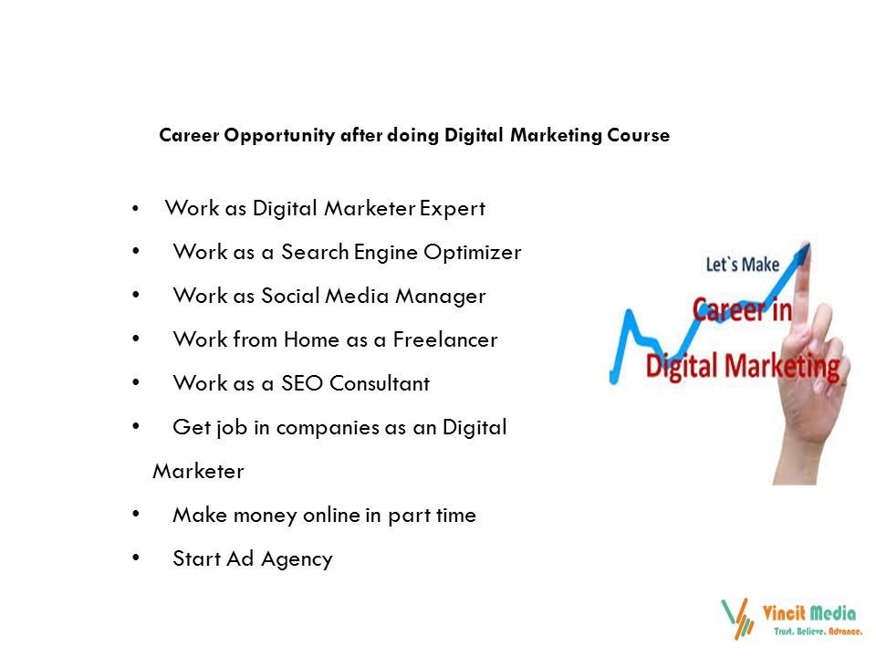Career Opportunity after doing Digital Marketing Course Work as Digital Marketer Expert Work as a Search Engine Optimizer Work as Social Media Manager Work from Home as a Freelancer Work as a SEO Consultant Get job in companies as an Digital Marketer Make money online in part time Start Ad Agency