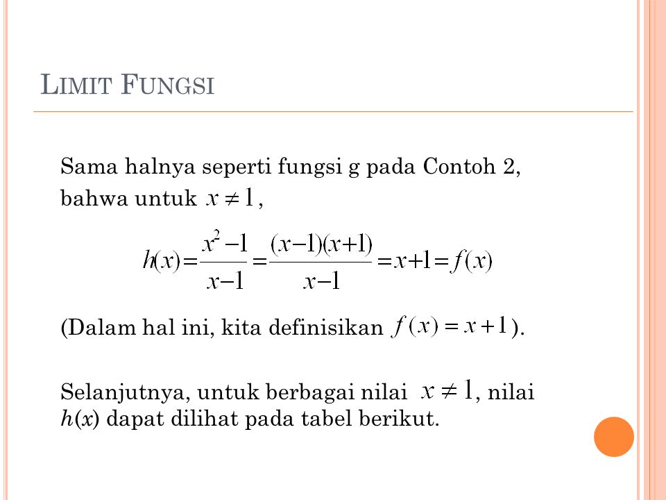 L IMIT F UNGSI Sama halnya seperti fungsi g pada Contoh 2, bahwa untuk, (Dalam hal ini, kita definisikan ).