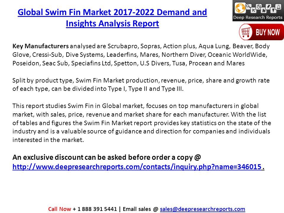Key Manufacturers analysed are Scrubapro, Sopras, Action plus, Aqua Lung, Beaver, Body Glove, Cressi-Sub, Dive Systems, Leaderfins, Mares, Northern Diver, Oceanic WorldWide, Poseidon, Seac Sub, Speciafins Ltd, Spetton, U.S Divers, Tusa, Procean and Mares Split by product type, Swim Fin Market production, revenue, price, share and growth rate of each type, can be divided into Type I, Type II and Type III.