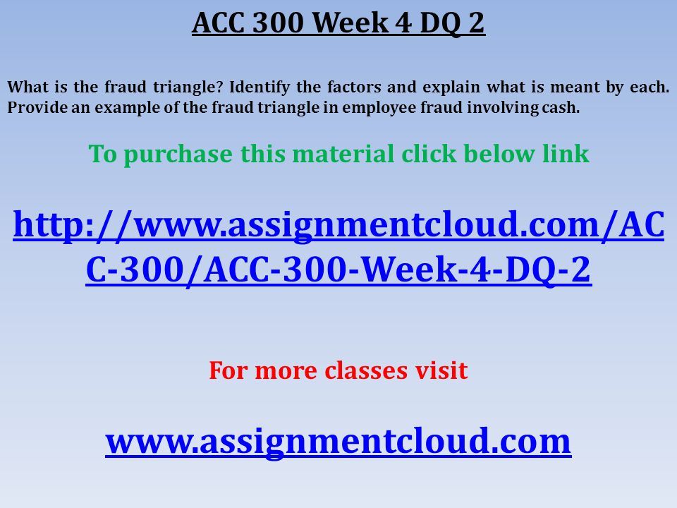 ACC 300 Week 4 DQ 2 What is the fraud triangle.