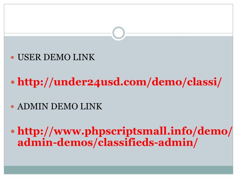 USER DEMO LINK   ADMIN DEMO LINK   admin-demos/classifieds-admin/