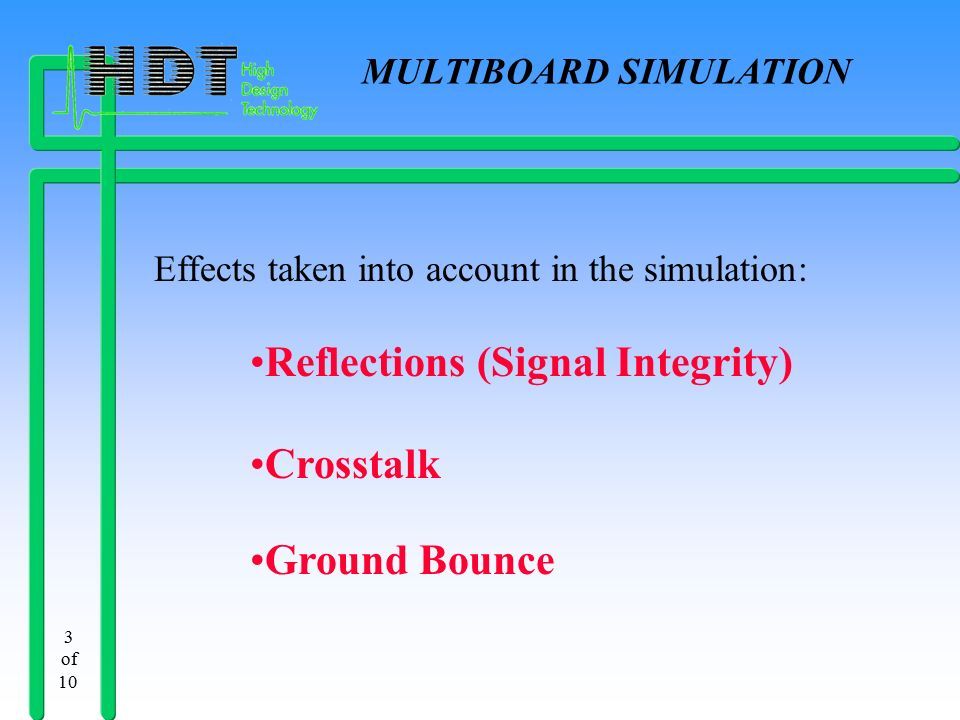 3 of 10 Effects taken into account in the simulation: Reflections (Signal Integrity) Crosstalk Ground Bounce MULTIBOARD SIMULATION