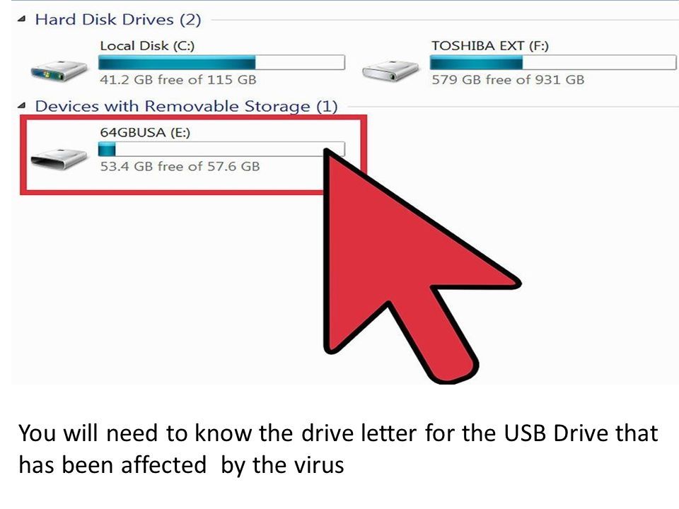 You will need to know the drive letter for the USB Drive that has been affected by the virus