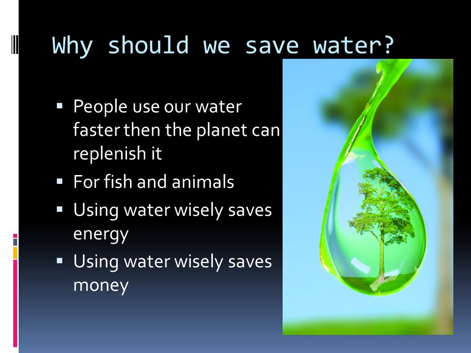 Water Conservation By Natalie Kirkman. Why should we save water?  People  use our water faster then the planet can replenish it  For fish and animals.  - ppt download