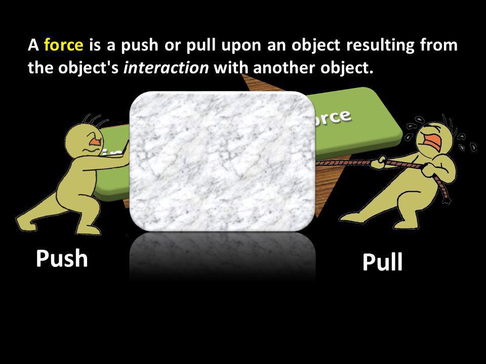 A force is a push or pull upon an object resulting from the object s interaction with another object.