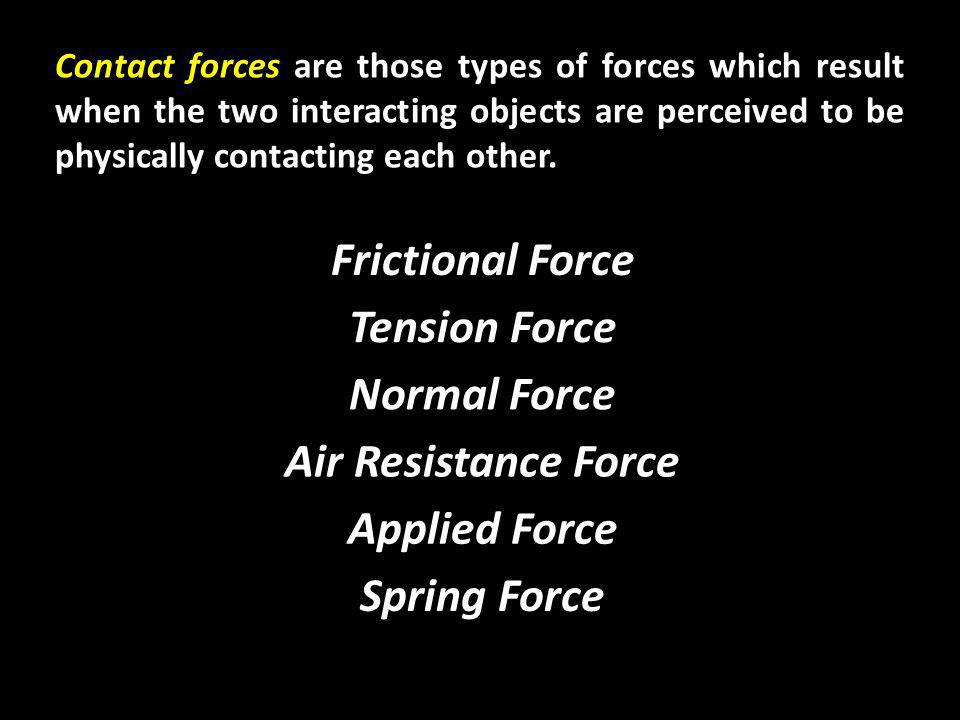Contact forces are those types of forces which result when the two interacting objects are perceived to be physically contacting each other.