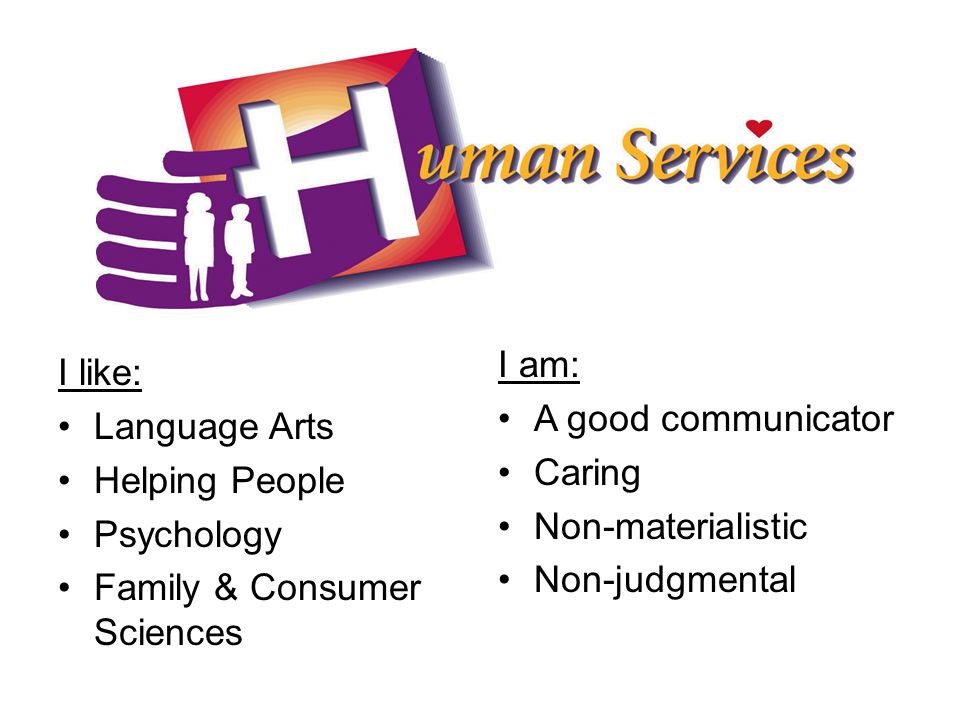 I like: Language Arts Helping People Psychology Family & Consumer Sciences I am: A good communicator Caring Non-materialistic Non-judgmental