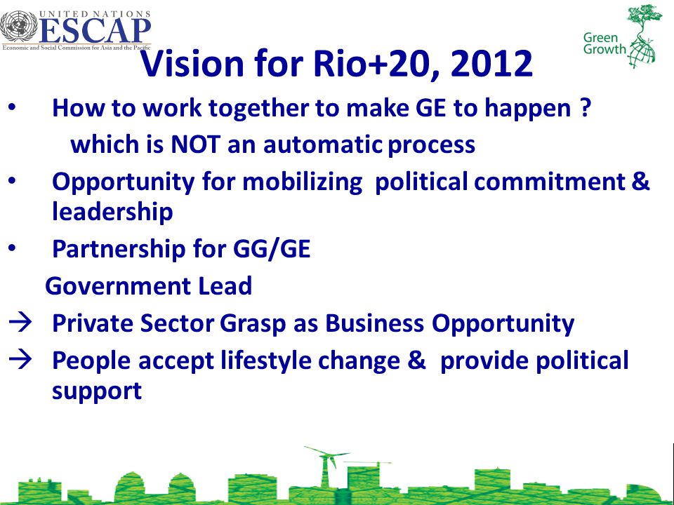 Vision for Rio+20, 2012 How to work together to make GE to happen .