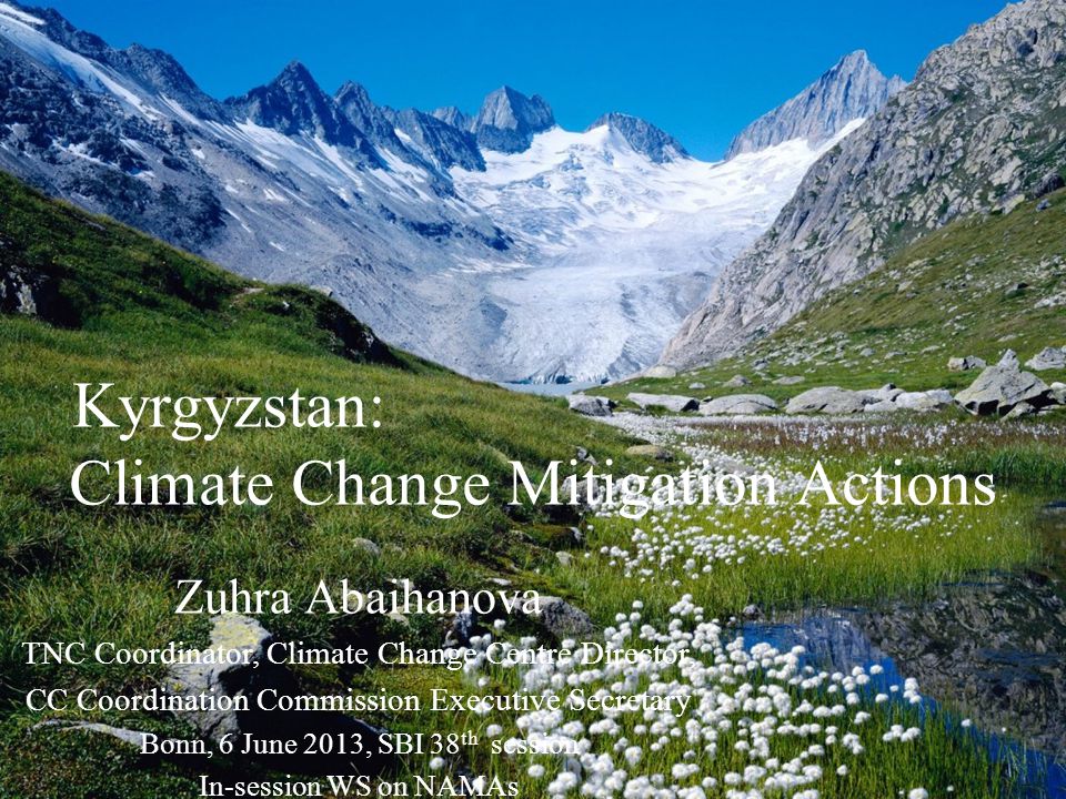 Kyrgyzstan: Climate Change Mitigation Actions Zuhra Abaihanova TNC Coordinator, Climate Change Centre Director, CC Coordination Commission Executive Secretary Bonn, 6 June 2013, SBI 38 th session In-session WS on NAMAs