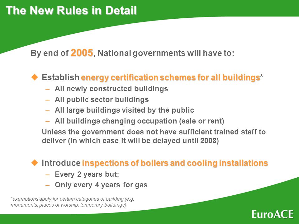 The New Rules in Detail 2005 By end of 2005, National governments will have to: energy certification schemes for all buildings uEstablish energy certification schemes for all buildings* –All newly constructed buildings –All public sector buildings –All large buildings visited by the public –All buildings changing occupation (sale or rent) Unless the government does not have sufficient trained staff to deliver (in which case it will be delayed until 2008) inspections of boilers and cooling installations uIntroduce inspections of boilers and cooling installations –Every 2 years but; –Only every 4 years for gas *exemptions apply for certain categories of building (e.g.