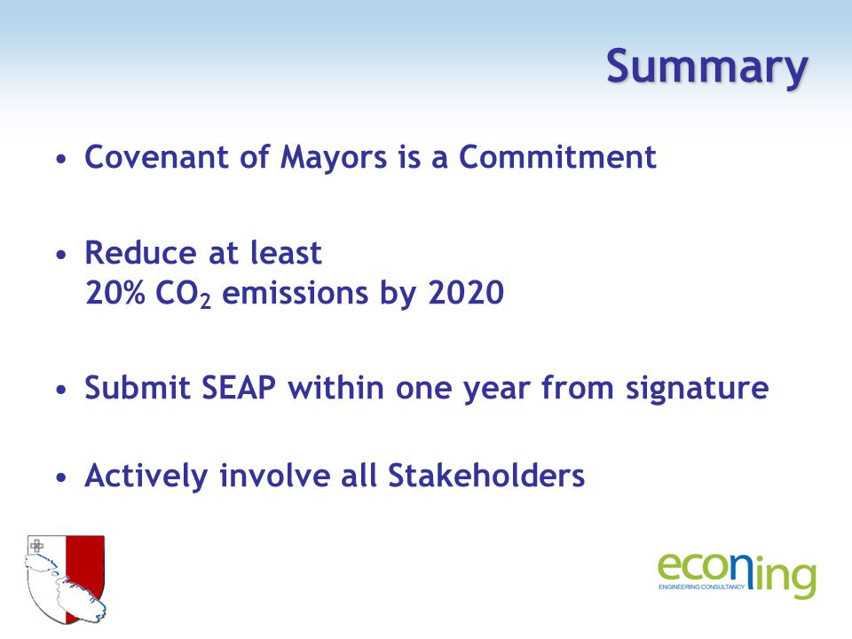 Summary Covenant of Mayors is a Commitment Reduce at least 20% CO 2 emissions by 2020 Submit SEAP within one year from signature Actively involve all Stakeholders